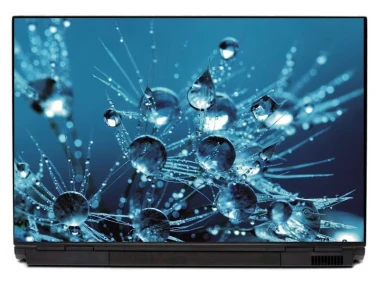 Water drop laptop sticker P402 - Graphic design with water droplet shapes on a blue background with subtle reflections.