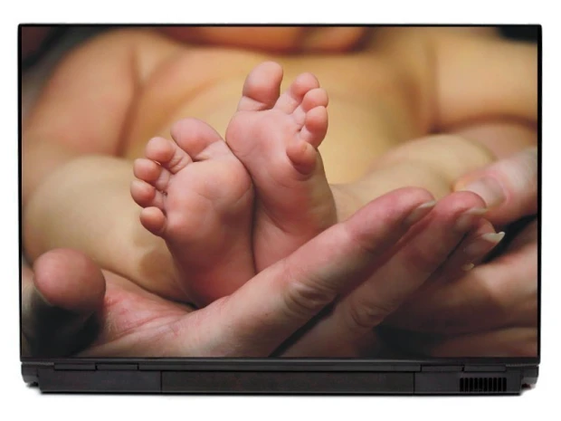Child\'s footprint laptop sticker P417 - Graphic design featuring two small feet held in hands.