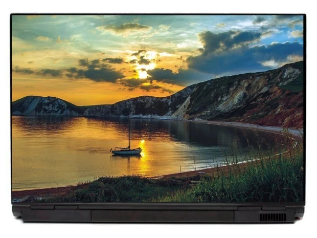 Laptop sticker of a bay at sunset P383 - Graphic design featuring a view of the bay with a boat on the water.