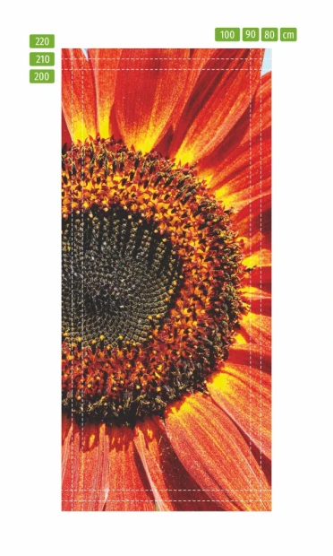 Door mural flower P25 - Graphic design. Large round flower in shades of red and orange with a dark center.