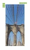 New York bridge door mural P42 - Graphic design featuring a bridge with large arches, cables, and a flag against the sky.