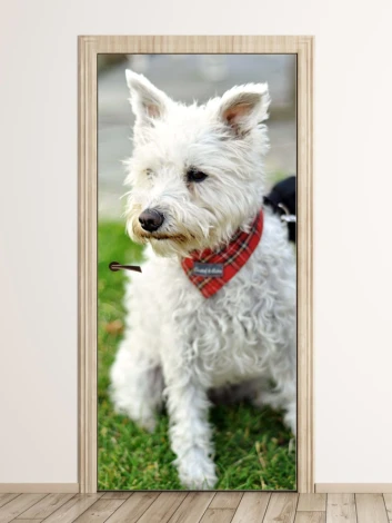 Door mural dog P23 - Graphic design featuring a white dog with a red scarf against a grassy background.