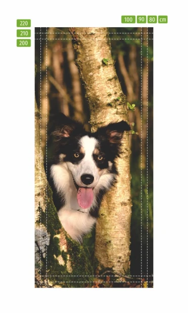 Door mural featuring a dog in the forest, with the dog playfully sticking out its tongue and trees in the background.