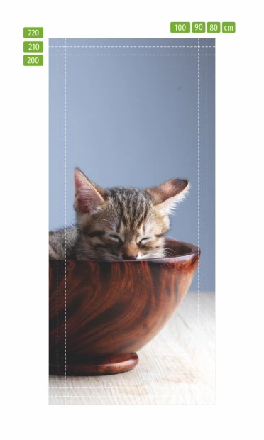 Cat in a bowl door mural P56 - Graphic design. Cat sleeping in a wooden bowl on a light background.