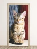 Relaxed cat door wallpaper P57 - Room decor with gray and red walls, wooden floor.