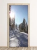 Winter mountain door mural P82 - Graphic design. View of a snow-covered road surrounded by trees.