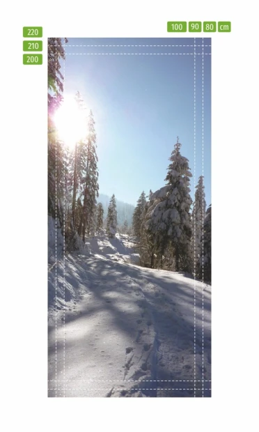 Winter mountain door mural P82 - A graphic design featuring a snowy path surrounded by trees and sun rays.