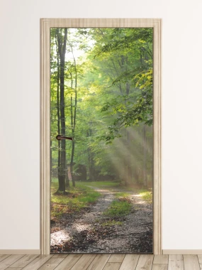 Forest door mural P87 - Decorated hallway with light walls and wooden floor.