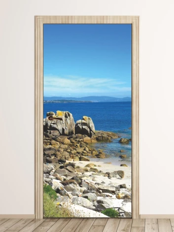 Beach rock door mural P71 - Graphic design featuring rocks by the sea, blue sky, and water.