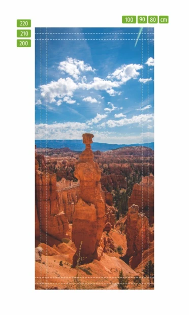 Yellow Stone P80 door mural - graphic design featuring a rock monument in a mountain landscape under a cloudy sky.