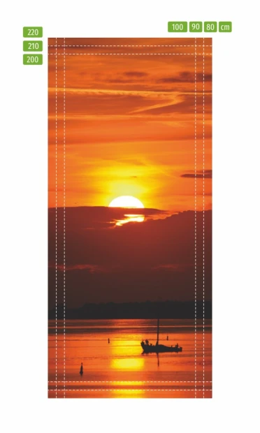 Sunset door mural P65 - Graphic design featuring a sunset over water with a boat in the background.