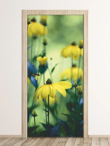 Yellow flower door mural P75 - Styled in a bright room with green walls and natural wood accents.