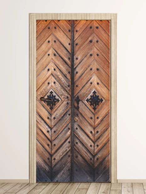 Wooden door wallpaper P92 - hallway decor. Brown wooden doors with metal details.