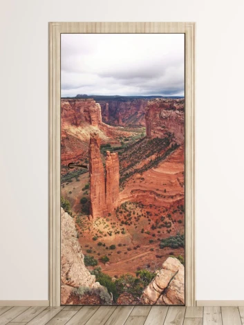 Mountain door mural P93 - Living room decor. Red rocks and green vegetation in a natural landscape.