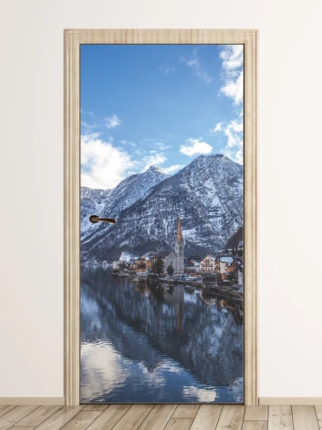 Mountain city door mural P98 - Modern interior design with light-colored walls and wooden flooring.