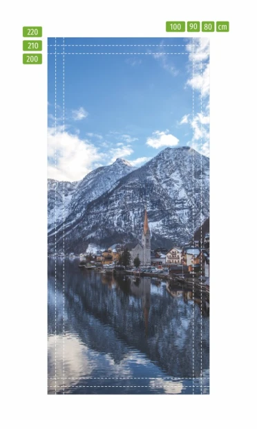 Mountain city door mural P98 - Graphic design featuring a mountain landscape with a lake, houses, and a church.