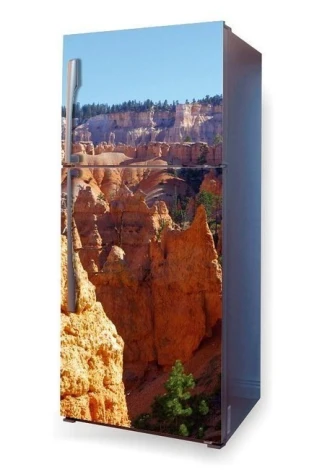 Fridge wrap sticker P102 - Kitchen decor. Fridge featuring a mountain landscape in shades of orange.