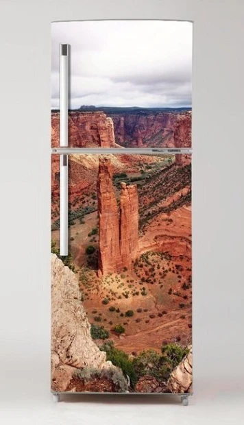 Fridge wrap sticker Mountains P93 - Graphic design featuring rocky formations in red shades and green accents.