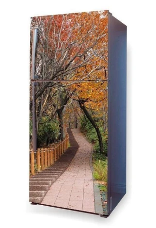 Fridge wrap sticker autumn in the park P94 - Graphic design featuring a tree-lined path in a park.
