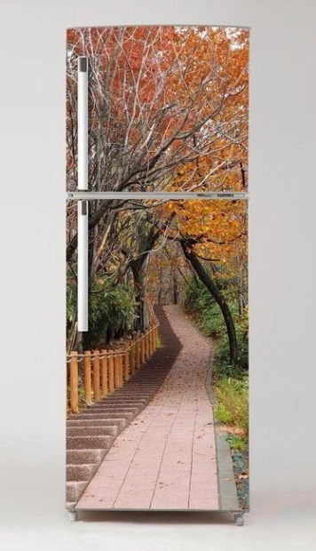 Refrigerator wrap sticker autumn in the park P94 - Graphic design. Path in a park surrounded by trees with orange leaves.