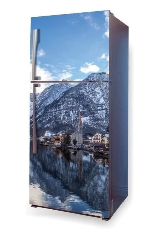 Fridge wrap sticker city in the mountains P98 - Graphic design featuring mountains, a lake, and buildings in style.