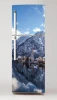 Fridge wrap sticker city in the mountains P98 - Graphic design featuring a mountain landscape with a town by the water.