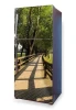 Fridge wrap sticker bridge P101 - Kitchen decor with wooden elements and green trees in the background.