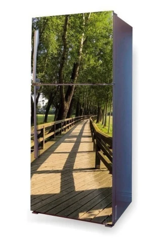 Fridge wrap sticker bridge P101 - Kitchen decor with wooden elements and green trees in the background.