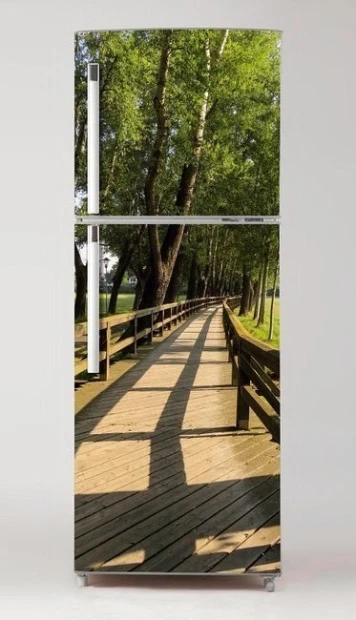 Fridge wrap sticker bridge P101 - Graphic design featuring a wooden bridge surrounded by trees.
