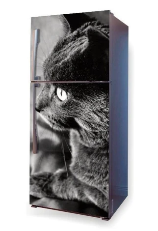 Fridge wrap sticker black cat P13 - Graphic design featuring a profile of a black cat with a prominent eye.