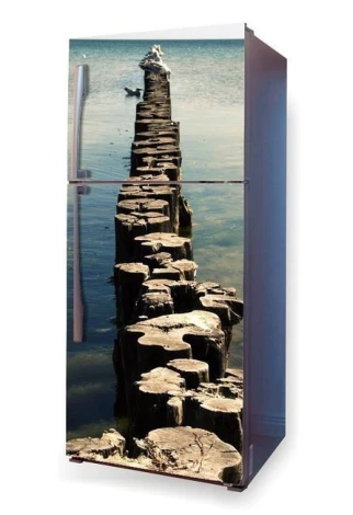 Fridge wrap sticker wave breaker P61 - Graphic design featuring a wooden wave breaker in water.