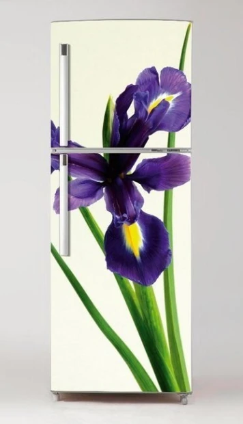 Fridge wrap sticker Iris P63 - Graphic design featuring an iris flower in shades of purple and green on a light background.