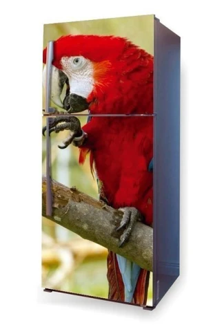 Fridge wrap sticker with a red parrot design on a branch, featuring intricate details.