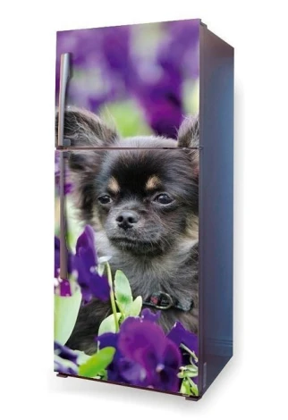 Fridge wrap sticker featuring a dog surrounded by flowers, design P18.