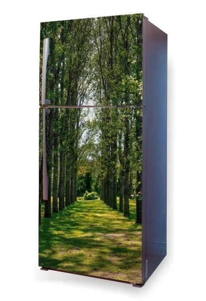 Fridge wrap sticker with a row of trees along a path - graphic design.