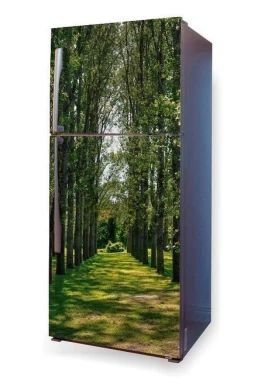 Fridge wrap sticker with a row of trees along a path - graphic design.