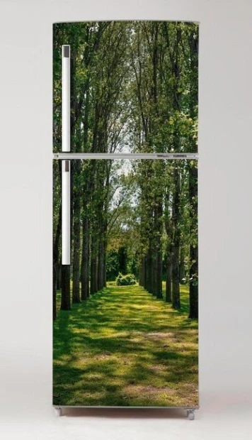 Fridge wrap sticker with a row of trees along a path and green grass design.