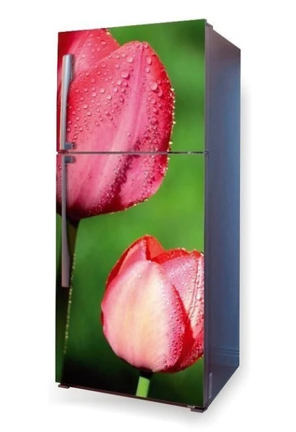 Refrigerator wrap sticker with pink tulips on a green background, graphic design P8.