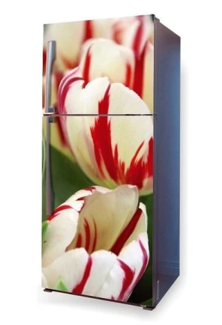 Fridge wrap sticker with tulips P9 - Graphic design featuring white tulips with red stripes.