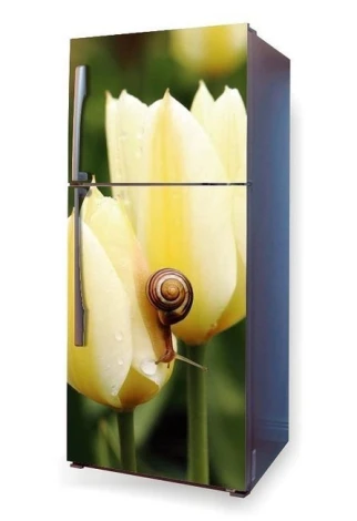 Fridge wrap sticker with yellow tulips and a snail design, featuring water droplets.