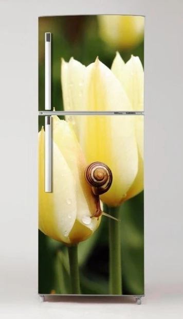 Fridge wrap sticker with tulips and a snail design in bright colors.