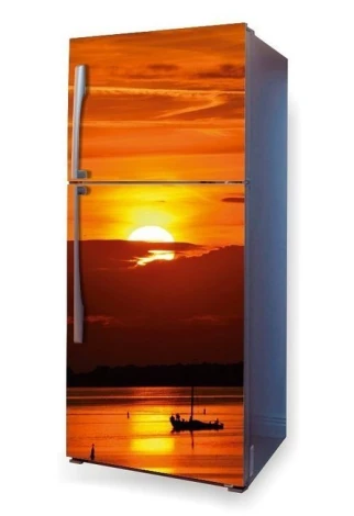 Sunset fridge wrap sticker P65 - Graphic design featuring a sunset over water with a boat.