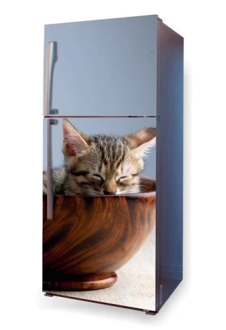 Fridge wrap sticker with a cat in a bowl design. Cat sleeping in a wooden bowl on a smooth background.
