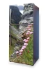 Fridge wrap sticker with floral design featuring pink flowers against a mountain rock backdrop.