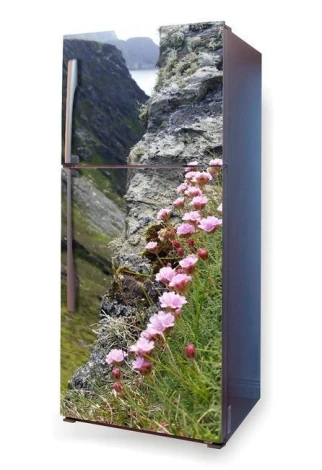 Fridge wrap sticker with floral design featuring pink flowers against a mountain rock backdrop.