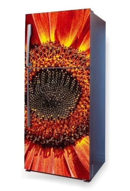 Fridge wrap sticker with a sunflower design in vibrant colors, featuring a large, detailed flower.