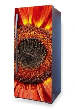 Fridge wrap sticker with a sunflower design in vibrant colors, featuring a large, detailed flower.