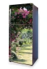 Fridge wrap sticker with a rose garden design. Pink flowers in green surroundings, featuring a garden path.