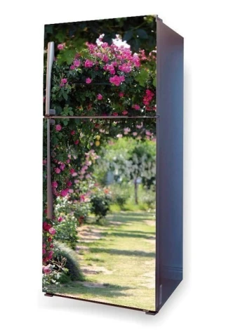 Fridge wrap sticker with a rose garden design. Pink flowers in green surroundings, featuring a garden path.