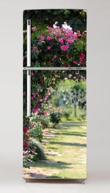 Fridge wrap sticker with a rose garden design, perfect for bright kitchen decor and modern furniture.